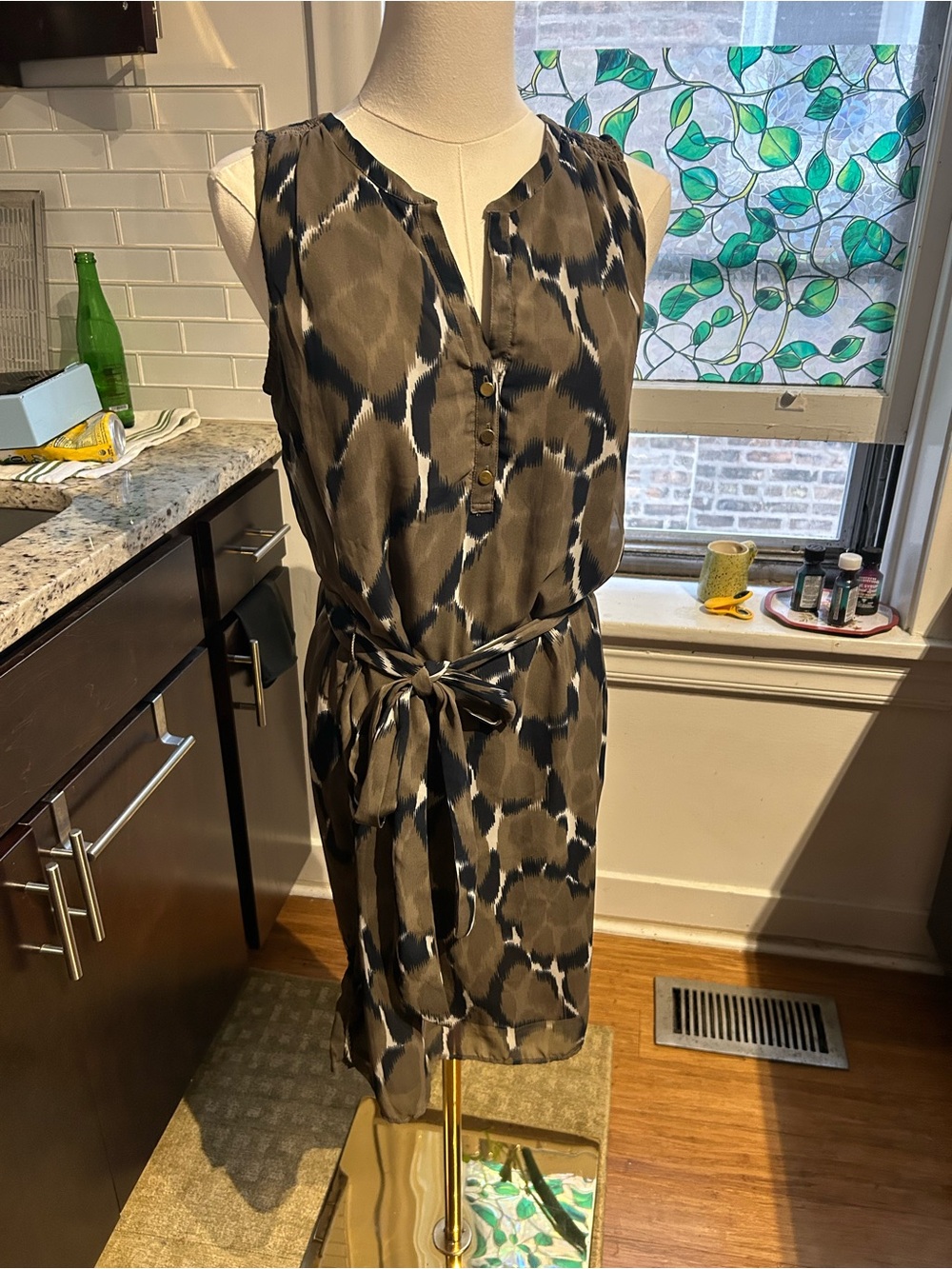 J. Crew Brown and Black Sleeveless Tie-Waist Midi Dress